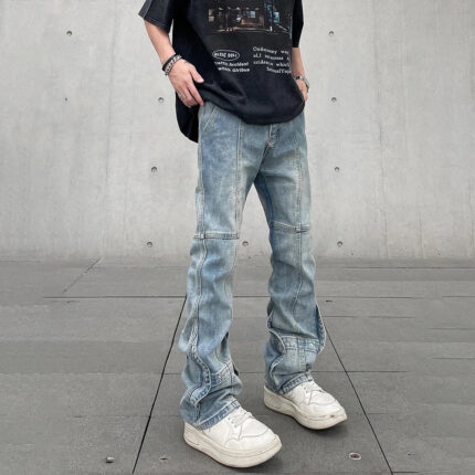 Blue Spliced Stacked Jeans