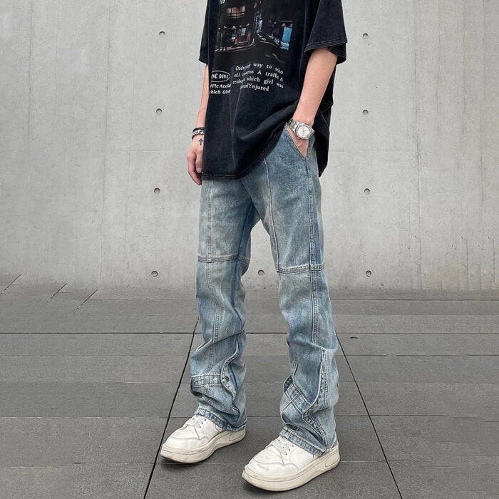 Blue Spliced Stacked Jeans