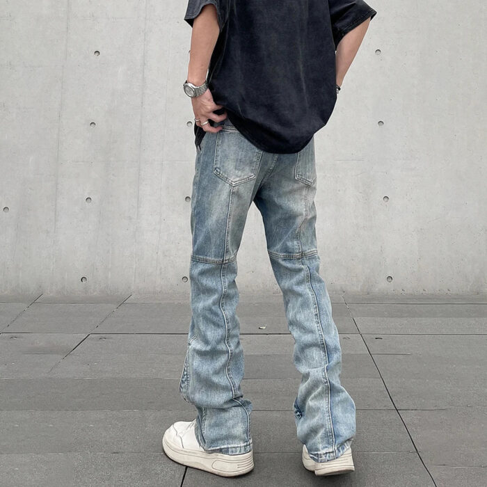 Blue Spliced Stacked Jeans